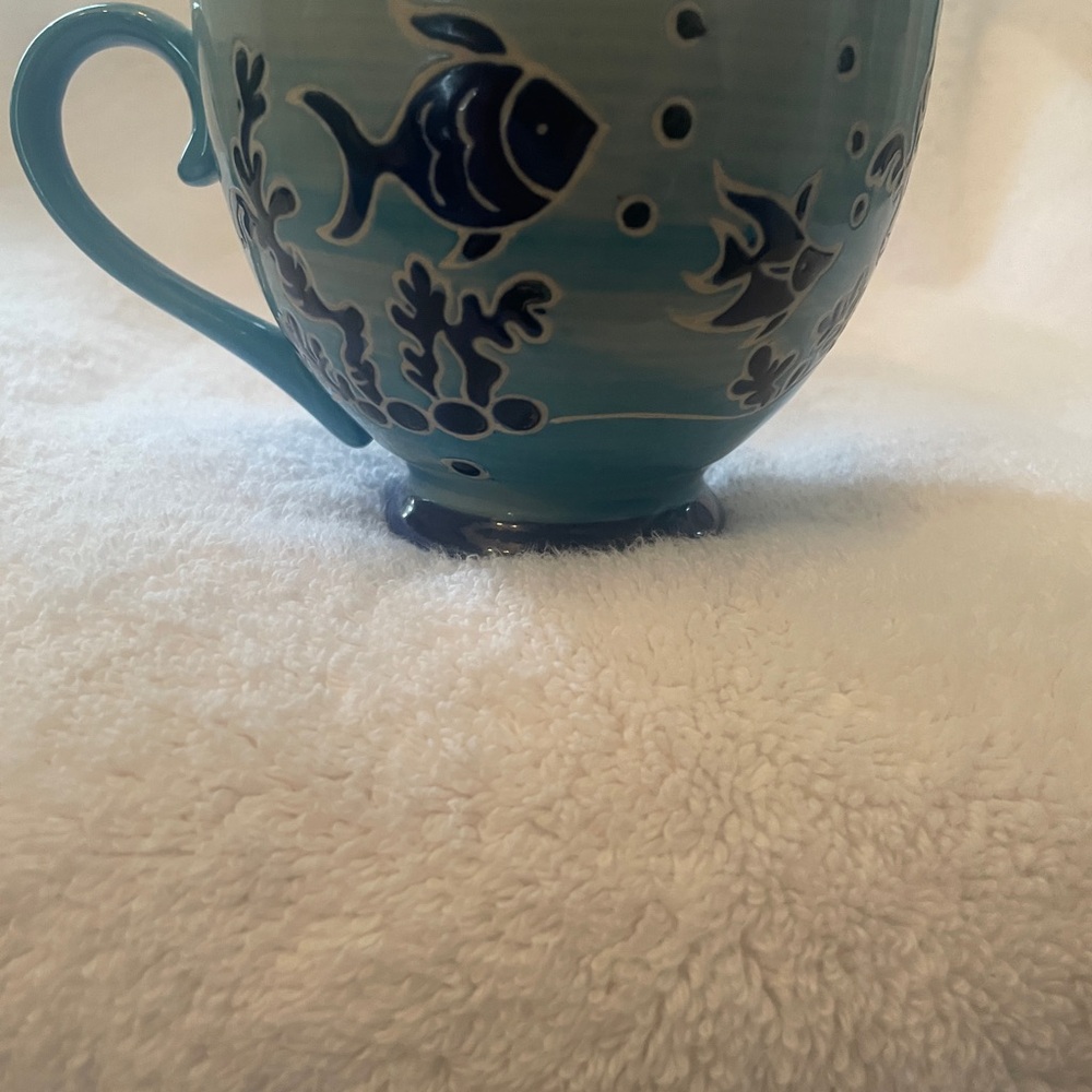 Vintage Yokohama Hand Painted Studio Mug with Raised Nautical Fish Design
